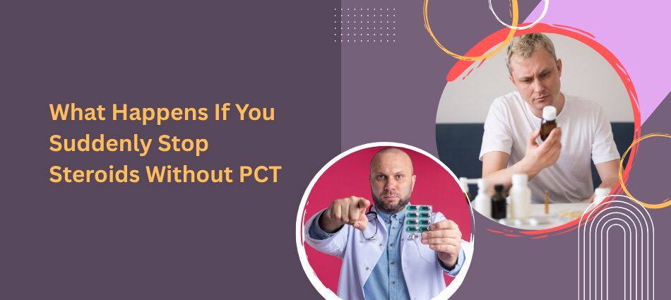 Banner about stopping steroids without PCT, with two circular photos of men and pill bottles on a purple background.