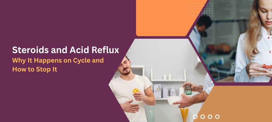 Header graphic for an article: ‘Steroids and Acid Reflux’ with subtitle ‘Why It Happens on Cycle and How to Stop It’ in a purple/orange hexagon collage.