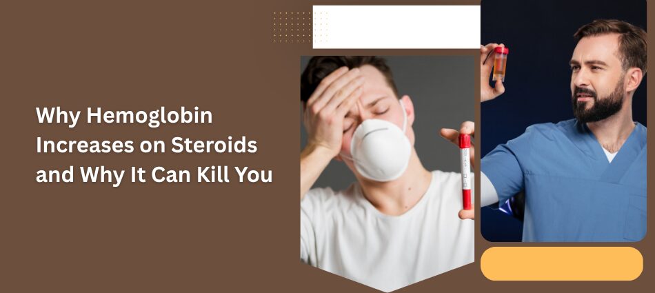 Banner with the article title about hemoglobin rising on steroids; right side shows a man wearing a mask and a clinician holding a pill bottle, with a brown design.