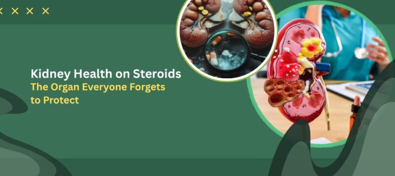 Green banner promoting kidney health with circular kidney photos and the headline 'Kidney Health on Steroids'.