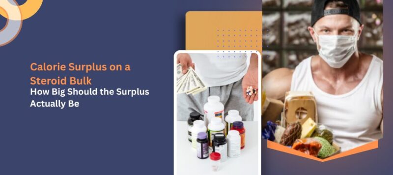 Header graphic for an article on calorie surplus in a steroid bulk, showing supplement bottles and a masked man with groceries.
